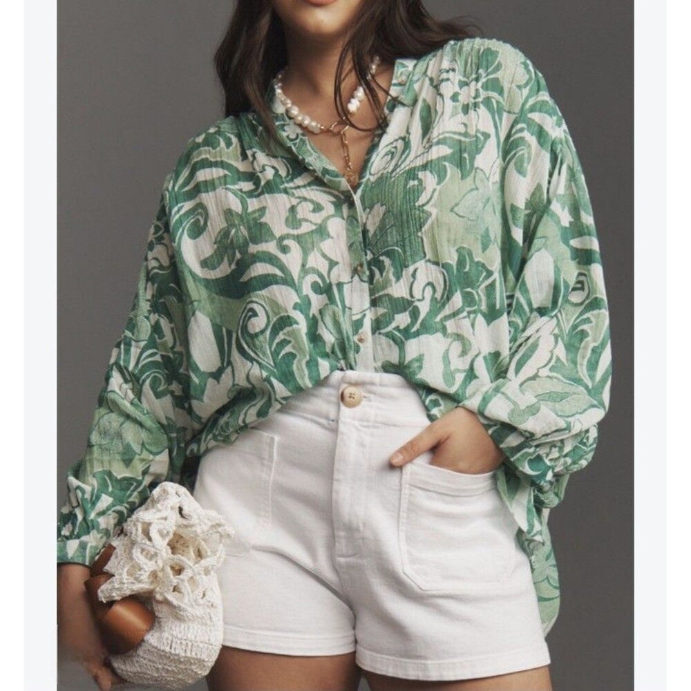 Anthropologie Pilcro Sydney Dolman Sleeve Shirt Blouse Green Floral 1X Cotton